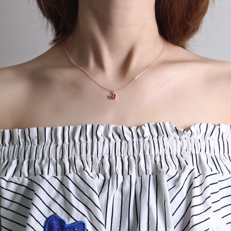 

925 Sterling Silver Pink Cubic Zircon Heart Pendant Necklace Sweet Rose Gold CZ Heart Necklace Valentine's Day Gifts