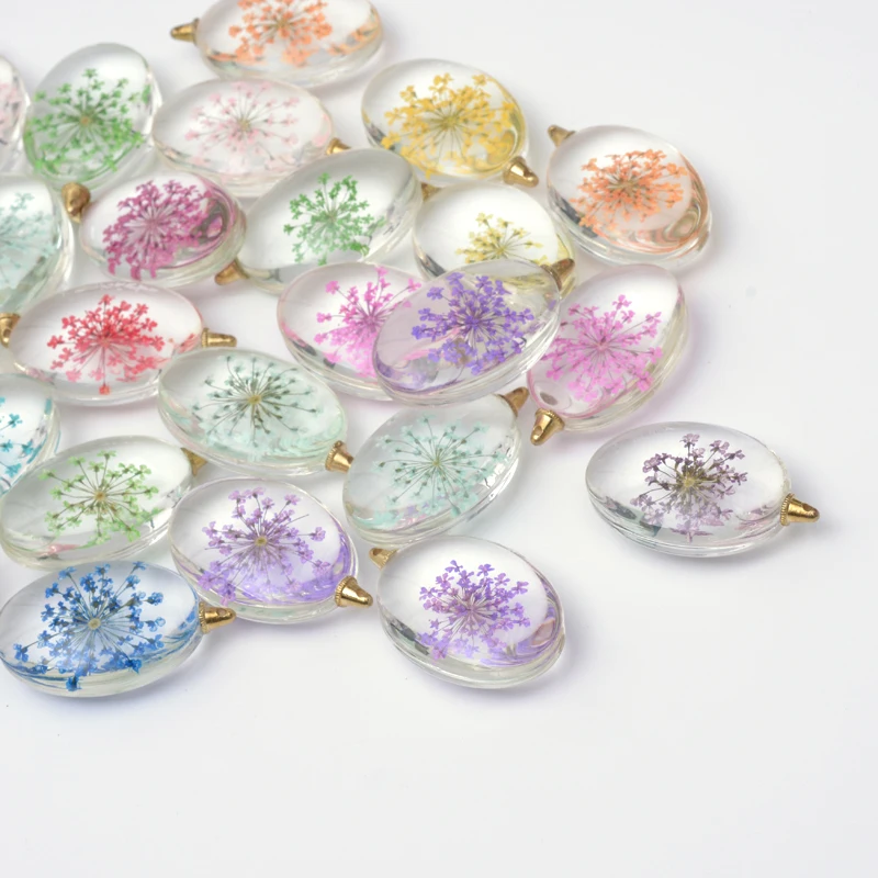 

Pandahall Oval Light Gold Alloy Inside Dried Flower Glass Pendants, Mixed color