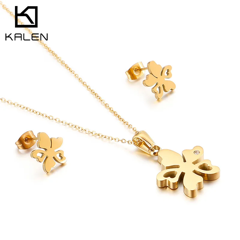

Fashion Stainless Steel Pendant Necklace Stud Earring Jewelry Set Gold Color Flower Necklace Earring Set Jewelry, Gold,sliver