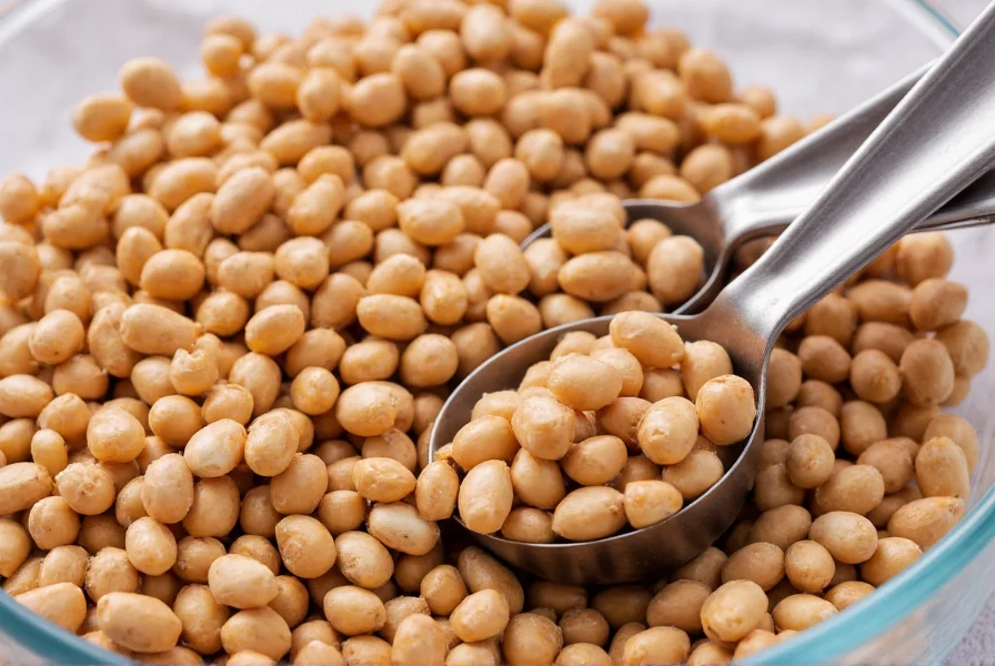 Close-up of sorted dried pinto beans in a glass bowl with measuring spoons