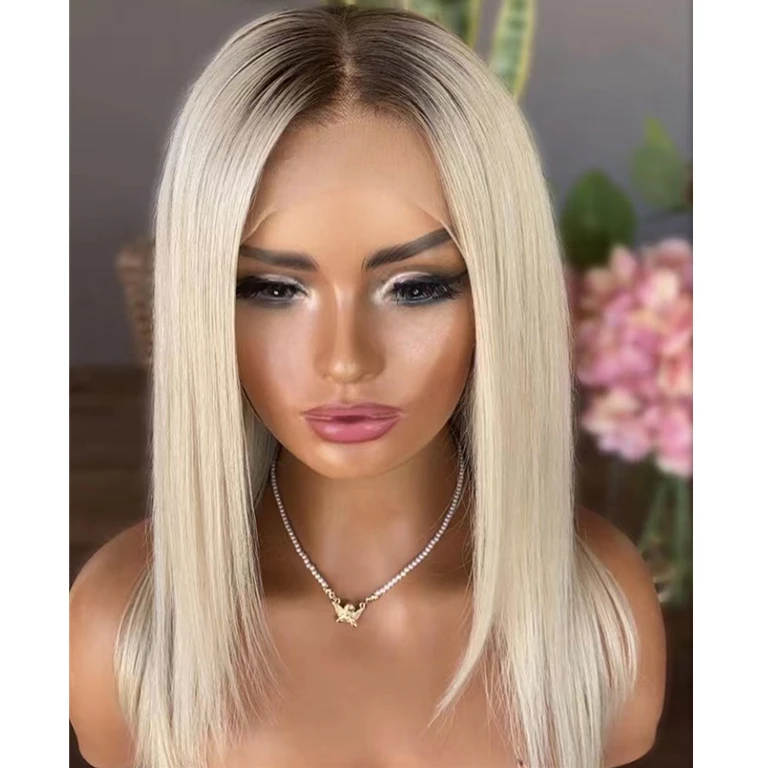 

Natural Look Ombre Platinum Blonde Color Short Bob Summer Wig Human Hair Swiss Lace Front Wigs With Dark Brown Root