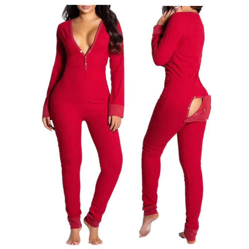 

Hot Sale Fall Winter Solid Color Jumpsuit Women Pajamas Long Sleeve Pants Onesie With Butt Flap Onsies, Black, red, white