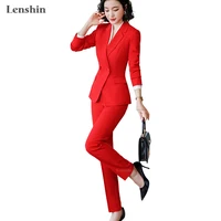 

Lenshin 2 Piece Set Simple Formal Pant Suit Blazer with Pockets Office Lady Designs Women Single Breasted Jacket and Pant