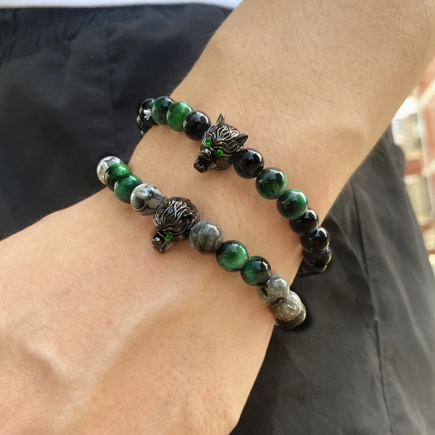 

Wholesale Mens Bead Bracelets Set Wolf Charm Tiger Eyes Map Natural Stone Bracelet, Golden