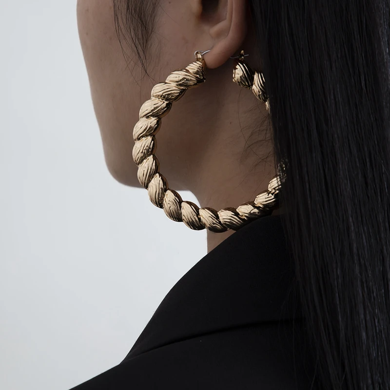 

Fashion Trendy Metal Chunky Gold Big Circle Twisted Hoop Earrings, Gold/steel