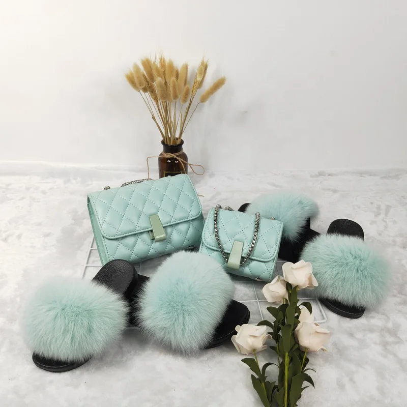 

QXTX17 Fox Fur Slides With Fashion Solid Purse Set For Mom And Kids Real Fur Slideser Slippers