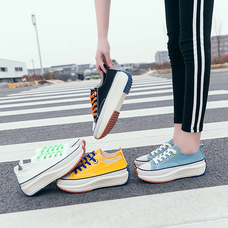 

Low-Top Lace Up Casual Single Breathable Platform Women Canvas Shoes//, Black