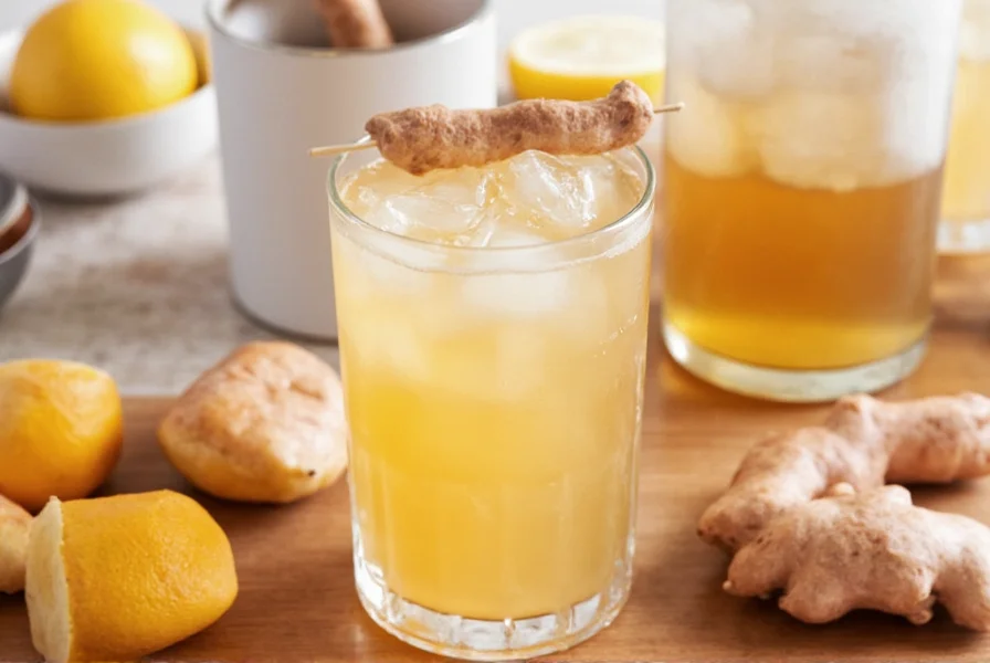 Three glasses of non-alcoholic ginger beer mocktails with fruit garnishes on wooden table