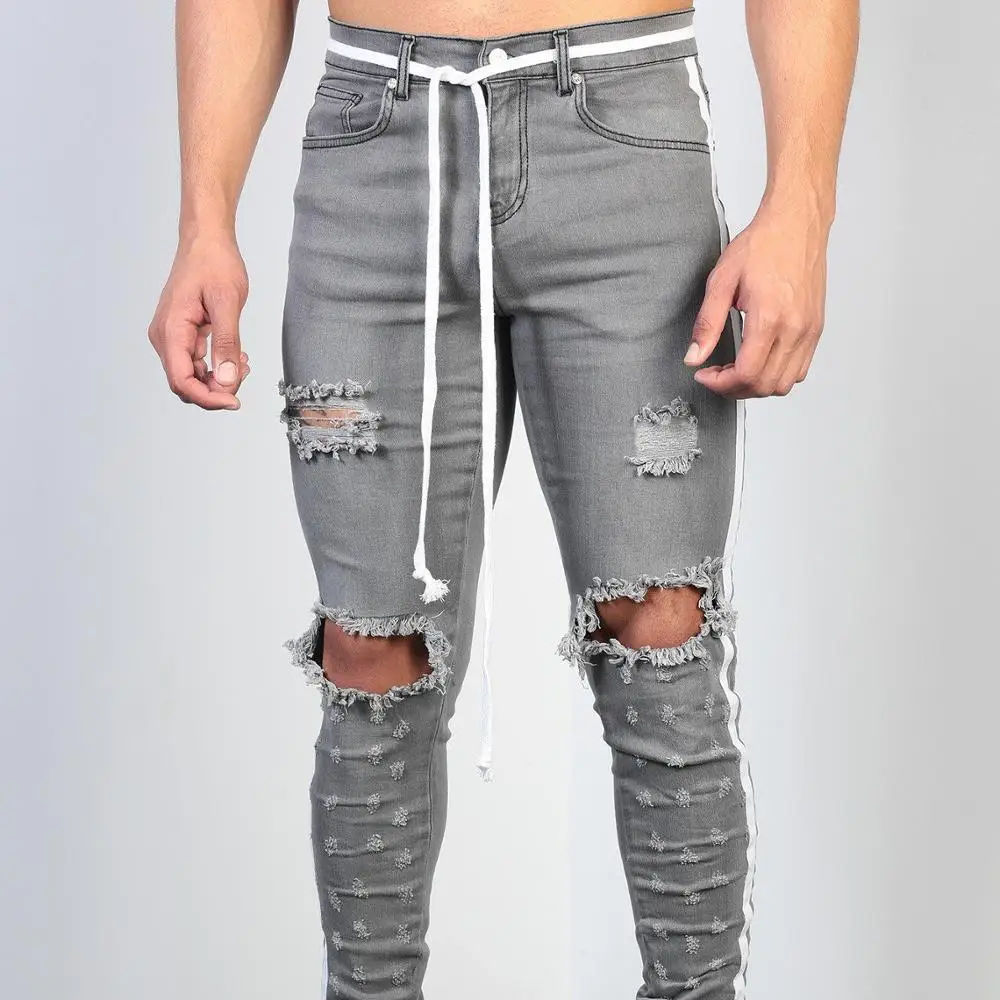 

Men's Ripped Small Feet Jeans Slim Fitness White Strips New Wholesale Gray Ripped Jean Men