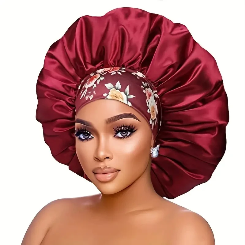 

Large Size Printing Wide Band African Sleep Cap Elastic Satin Bonnets for Women
