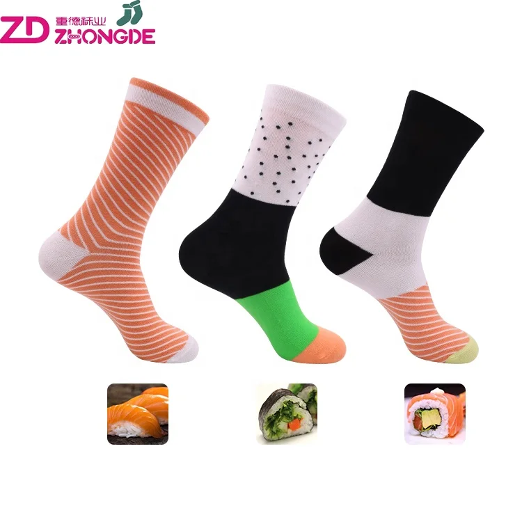 

Custom made soft breathable trendy mens suit cotton novelty patterned sushi dress socks with creative packaging, Pantone color