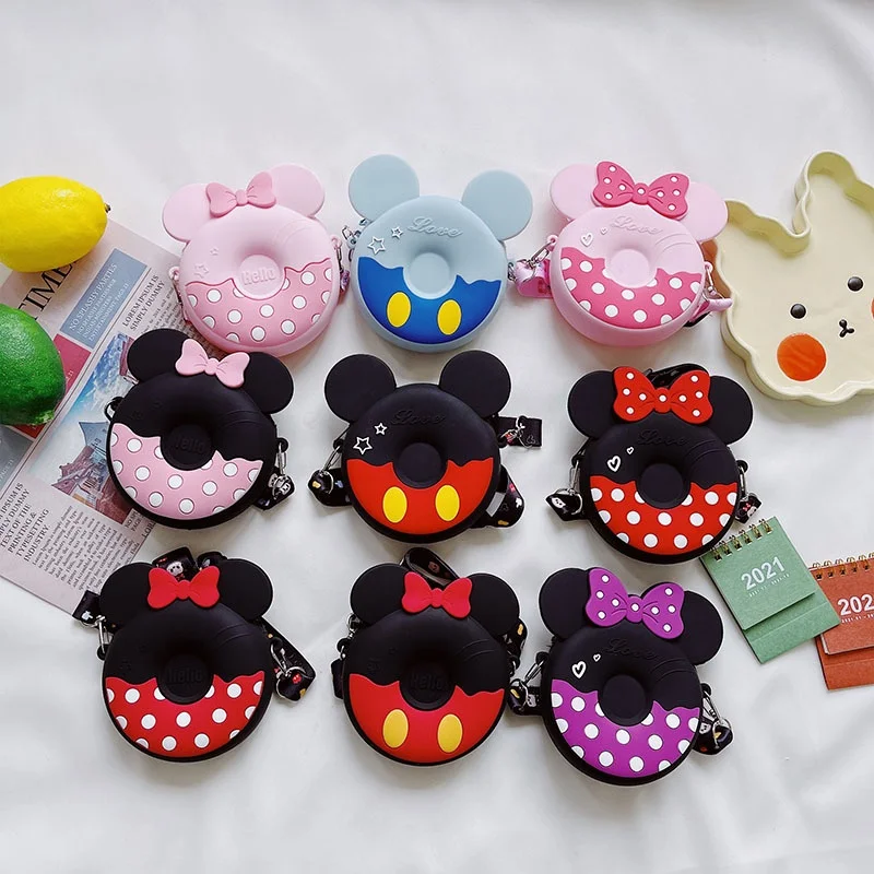 

Silicon Disney Donut Minnie Mickey Colorful Cute Small Women Kids Keychain Makeup Pouch Coin Wallet Purse with Colorful Sling, 9 colors