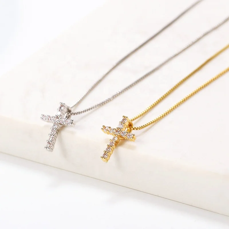 

10K Solid Yellow Gold Jewelry Catholic Faith Iced Out Cz Tiny Cross Pendant Necklace
