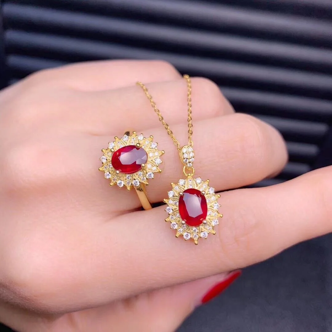 

Vintage red crystal ruby gemstones diamonds rings pendant necklaces for women gold tone jewelry sets bijoux party accessories, Picture shows