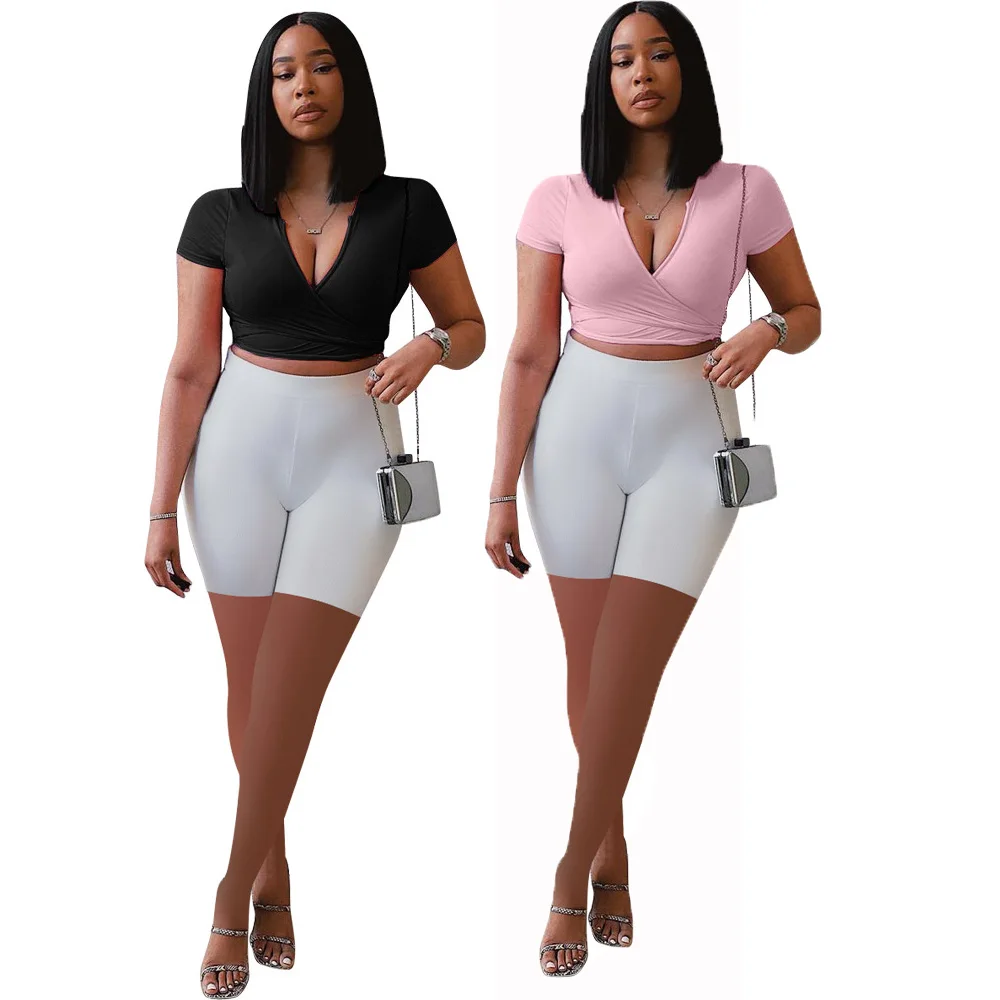 

Sportswear Women Clothing 2 Piece Solid Color Cross Laminated Bandage Deep V Hollow Custom Logo Women Two Piece Short Sets