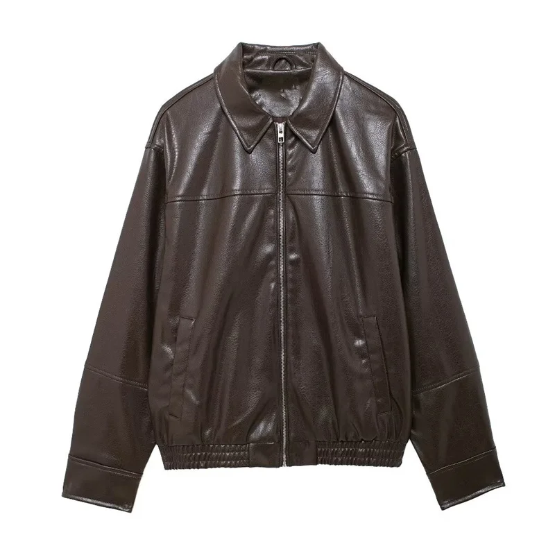 ZATRHMBM Autumn Winter Women's Faux Leather Bomber Jacket Coat 2024 Long Sleeve Zipper Elegant Street Style Ladies Outerwear