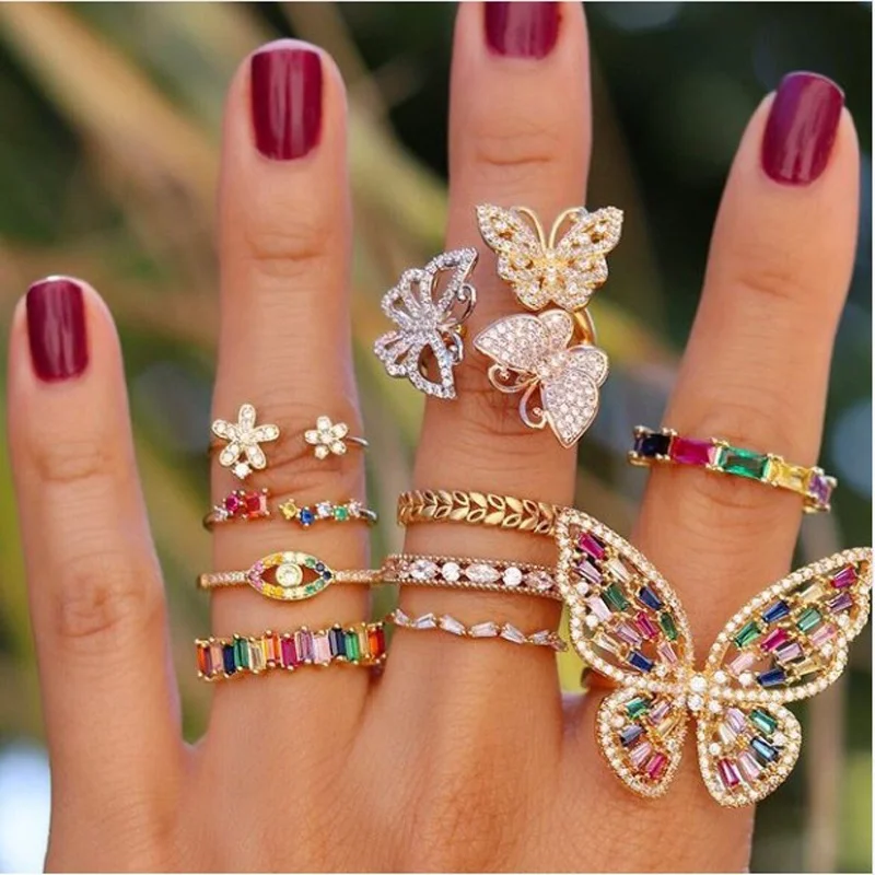 

Fashion Jewelry Cocktail ring for women Luxury gold pink rainbow cz paved Open adjusted Butterfly Ring