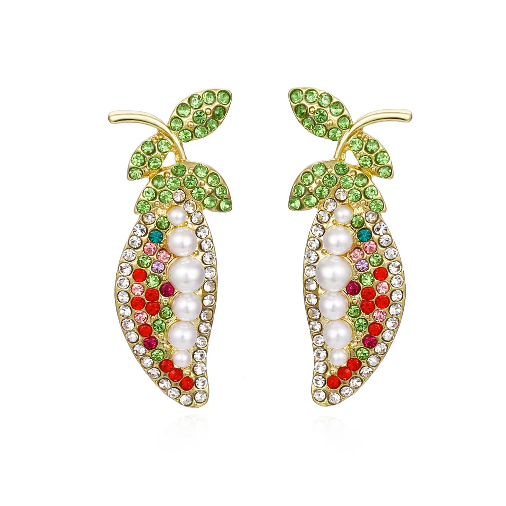 

Exaggerated Pea Colored Diamond Earrings Fashion Alloy Inlaid Pearl Plant Flower Earrings 2021, Like picture
