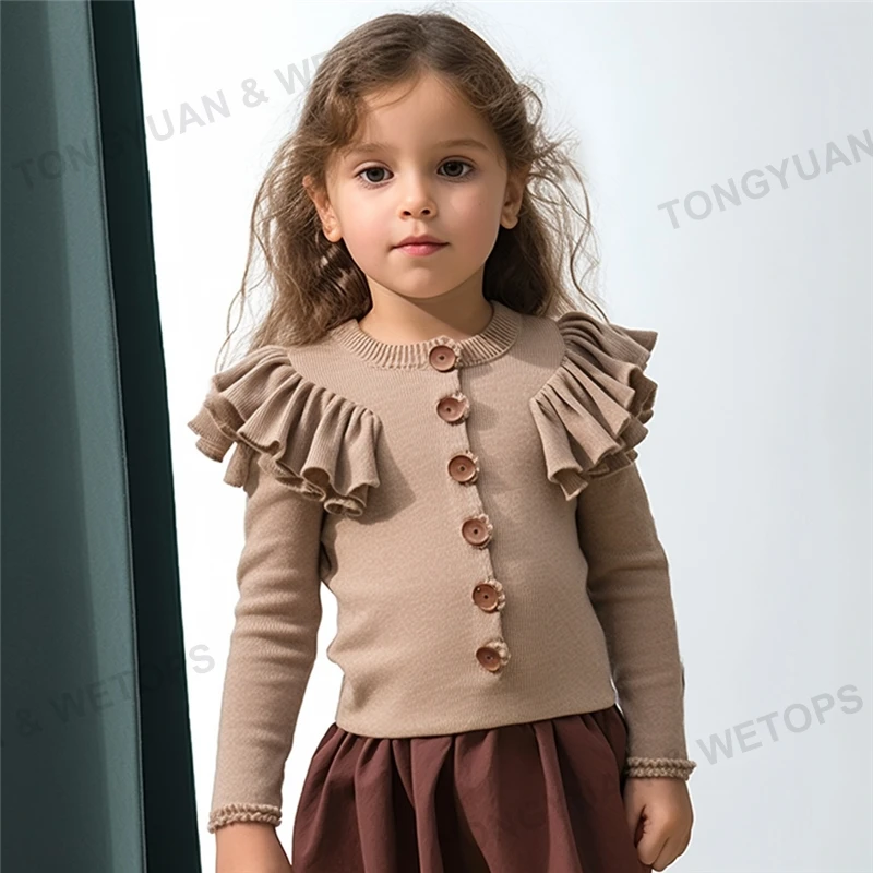 Cute Long Sleeve Round Neck Ruffle Girls Kids Knitted Sweaters With