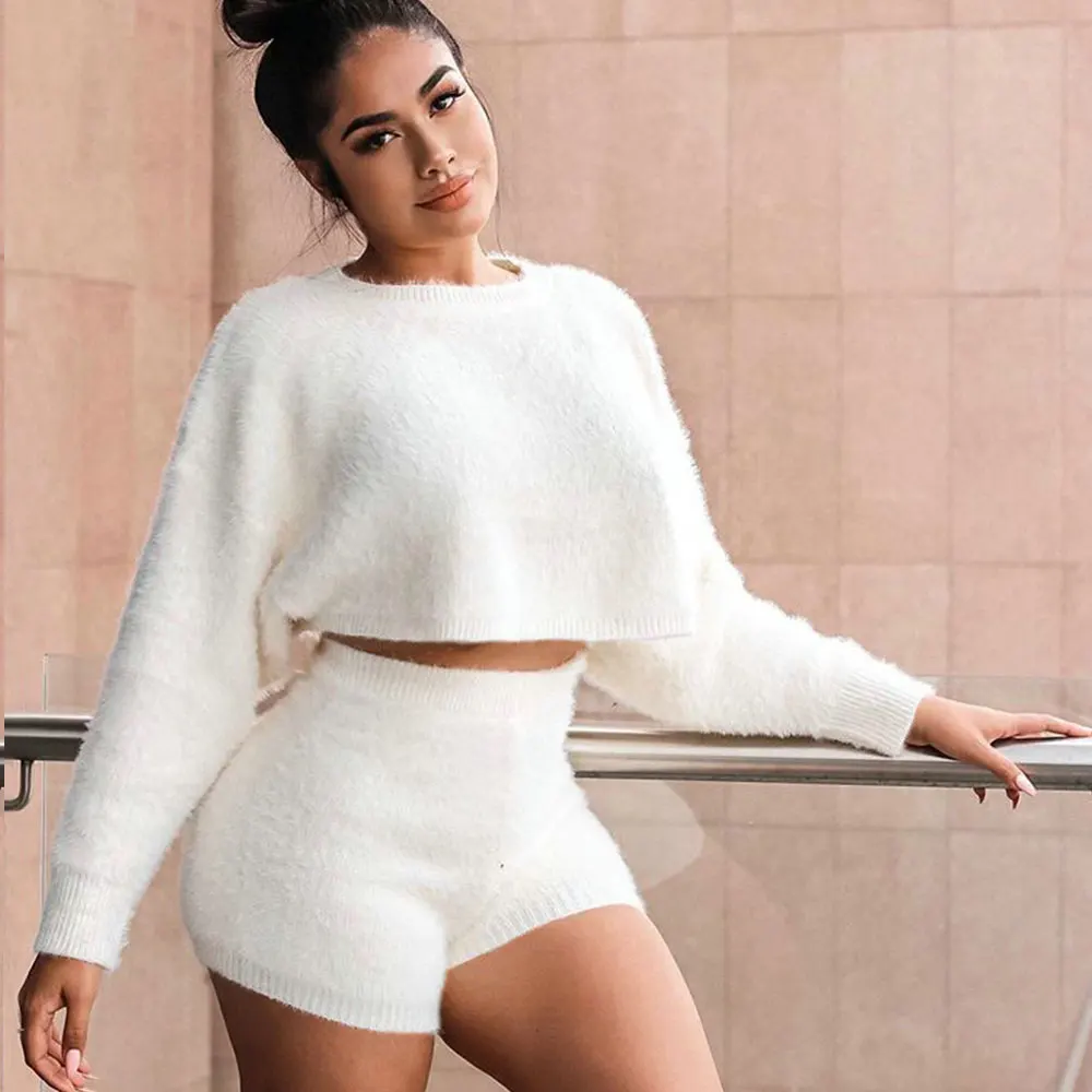 

2021 New Fashion Long Sleeve White Two Piece Short Outfits Sets Womens Casual Clothes