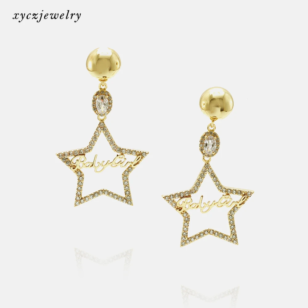 

Popular Brass Jewelry Baby Girl AAA White CZ Letter Charm Drop Star Earrings