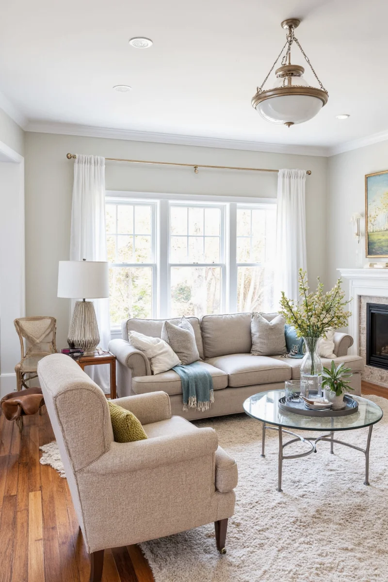 Sun-drenched room with white plantation shutters and soft linen curtains.