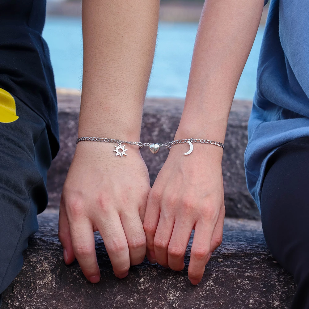 

2Pcs Valentine's Day Gifts Stainless Steel Sun Moon Charm Magnet Attraction Couple Bracelet