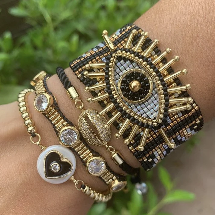 

LS-E1585 Handmade Miyuki Beaded Bracelet Set Cool Black Eye Cubic Zircon Pave Bracelet Seed Beads Jewelry, Assorted