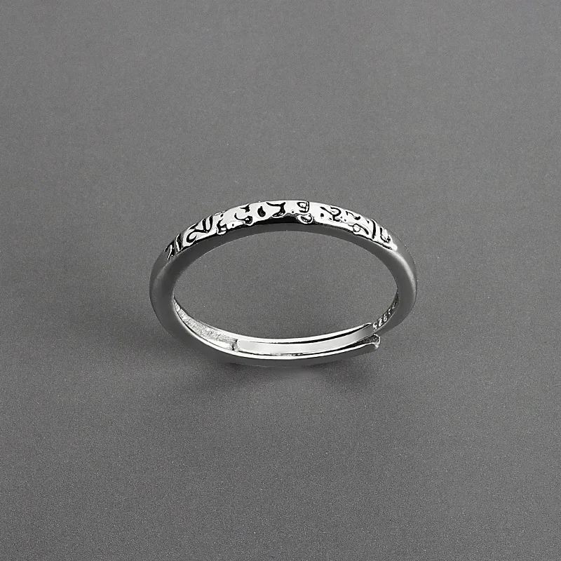 

S925 Stamp Engraved Buddhist Scriptures Open Rings Adjustable Sanskrit Band Rings For Buddhism