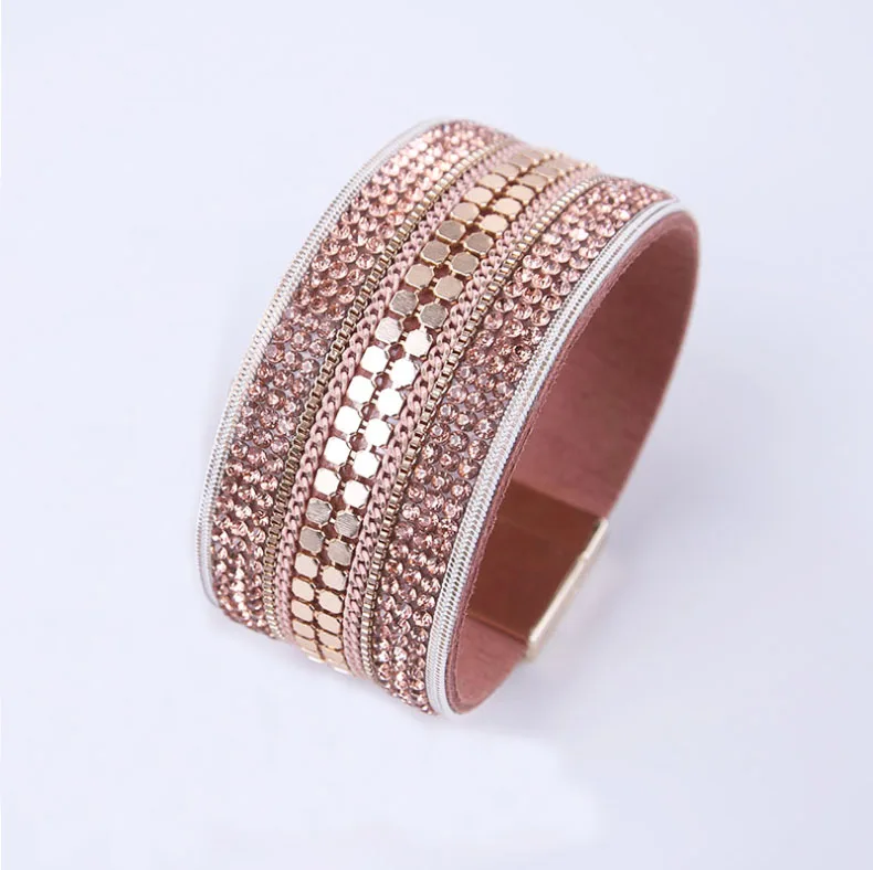 

Newest Bracelets Styles Wide Lt Brown PU Leather Peach Rhinestone Magnet Closure Bracelet