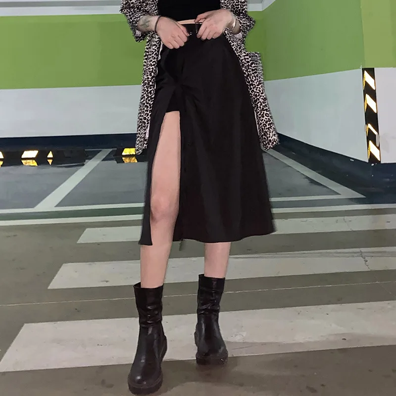 

Ecowalson Fashion High Waist Black Midi Skirt Women Summer Streetwear Casual Split Hem Asymmetric Long Skirt Ladies 2021 New