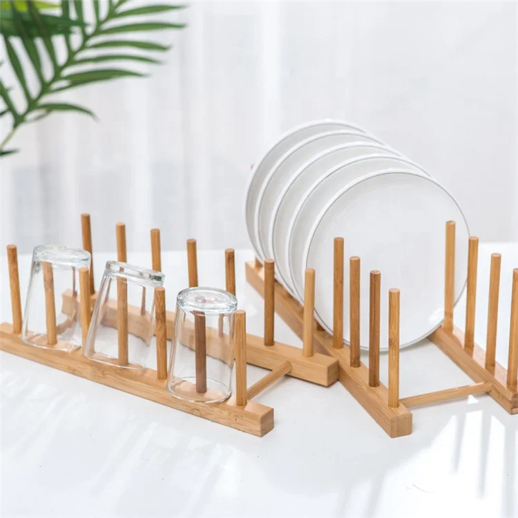 

Wooden Storage Plate Rack Kitchen Drain Rack Pot Lid Holder Natural Bamboo Dish Drying Rack