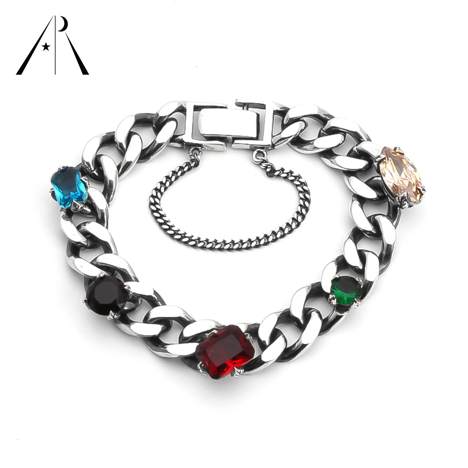 

2021 Hip Hop Fashion Luxury Jewelry Silver square green red black yellow blue stone cuban link chain zircon bracelet