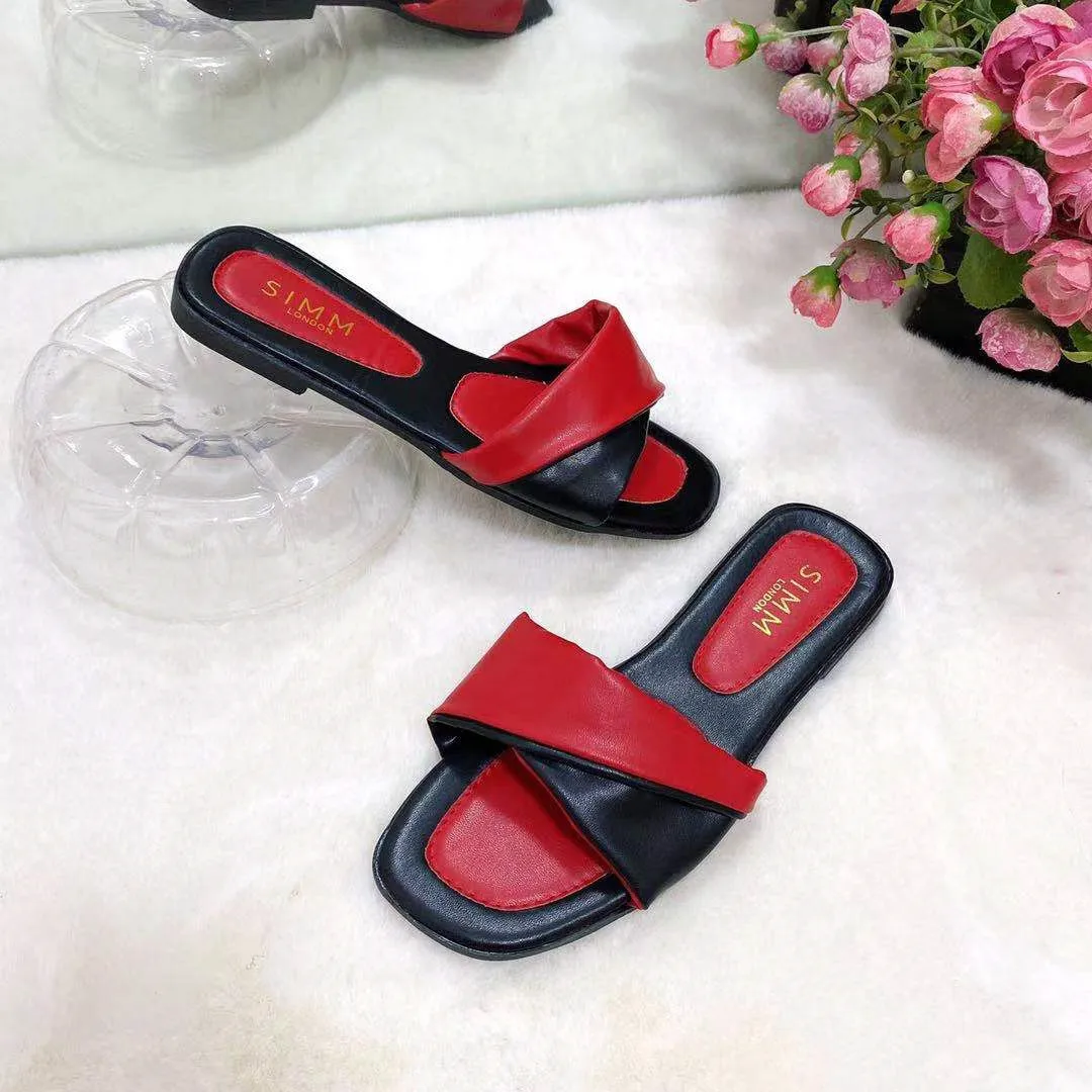 

London lady two tone flats mules summer modern women curve strap square peep toe slides slippers female comfy sandals