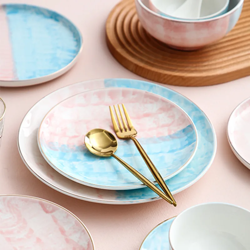 

Nordic luxury hand-painted porcelain Phnom Penh ceramic tableware western dinner plate dim sum dish household set, Pink