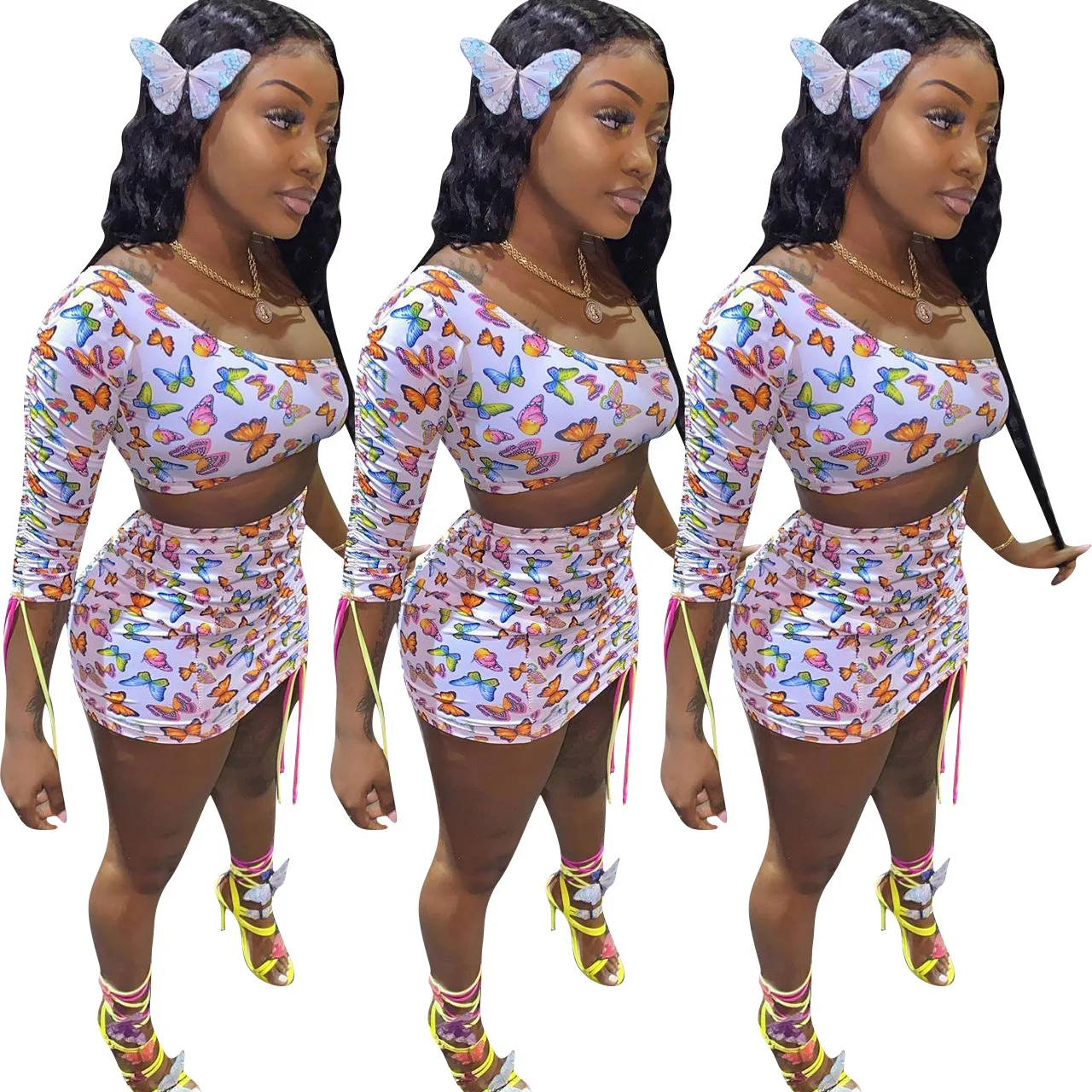 

Fashion Style Female Print outfits Butterfly Pattern Streetwear plus size women clothing two piece set, Picture color