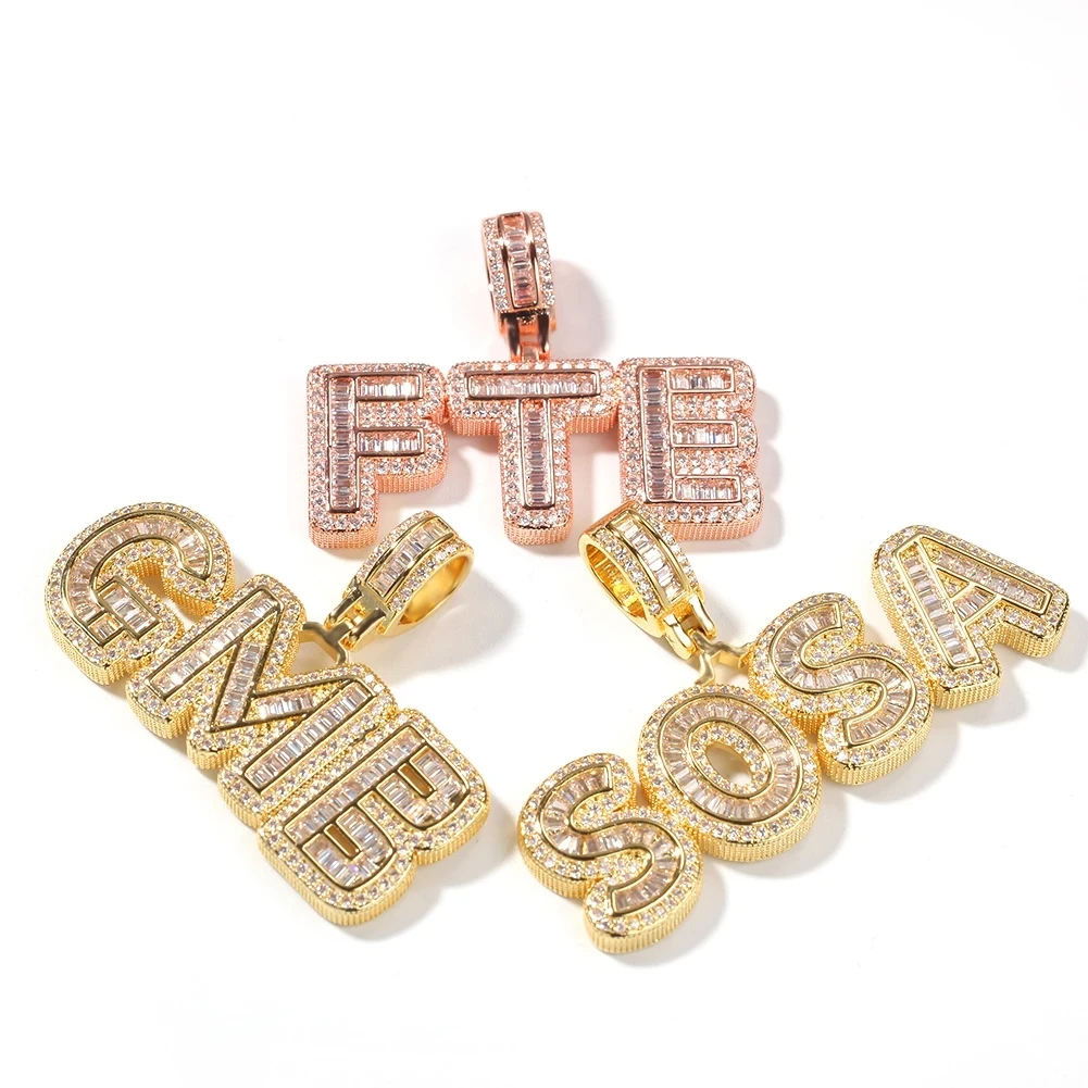 Customizable Gold Hip Hop Necklace with Initial Name Charms Iced Baguette CZ Initials on a Rope Chain Zircon Pendant