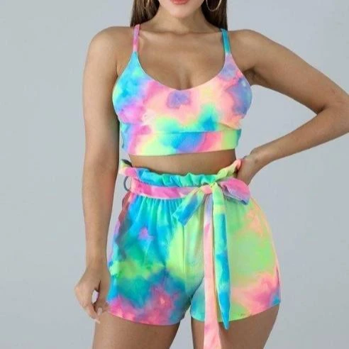 

New Design Bodysuit Sling Tie Dye Swimsuit Two Pieces Round Neck Rainbow Swimming Costume Women Swimwear Ruffled Bikini