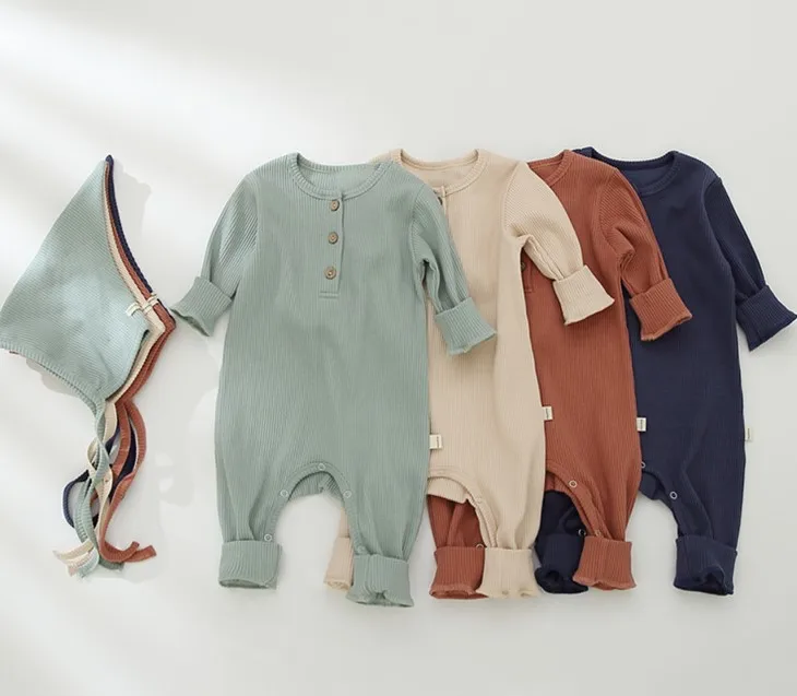

Infant baby one piece romper with hats casual spring autumn infant baby jumpsuits plain ribbed cotton newborn baby bodysuit, As pic