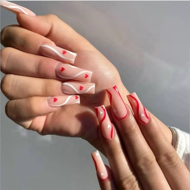 

Naixi wholesale Hot Selling long Ballerina Red White Wave lovely heart Coffin French Pink Wave False Nails Full Cover Nail tips, Natural,multi-color,customized color