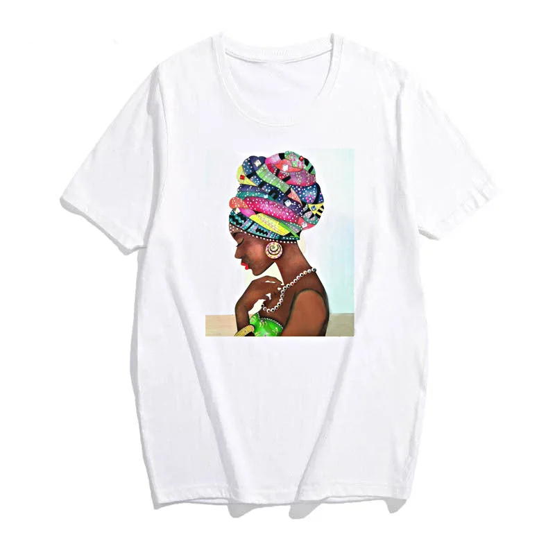 

Melanin Africa Pattern Print White T Shirt Women Short Sleeve O Neck Loose T-Shirt Black Girls Summer T Shirts, White+9 patterns