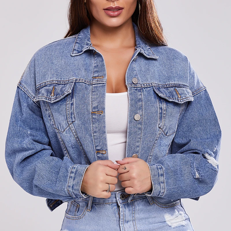 

Hot Sell Fashion Women Jeans Jackets Short Tops Long Sleeve Denim Coat Vintage Ripped For Women Clothing Chaquetas Mujer
