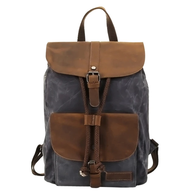 

custom logo vintage retro women waterproof waxed canvas genuine leather flap backpack rucksack, Customized color