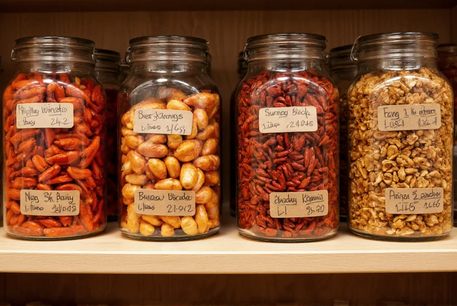 Chili bricks stored in glass jars with proper labeling showing storage dates and chili varieties in well-organized pantry setting