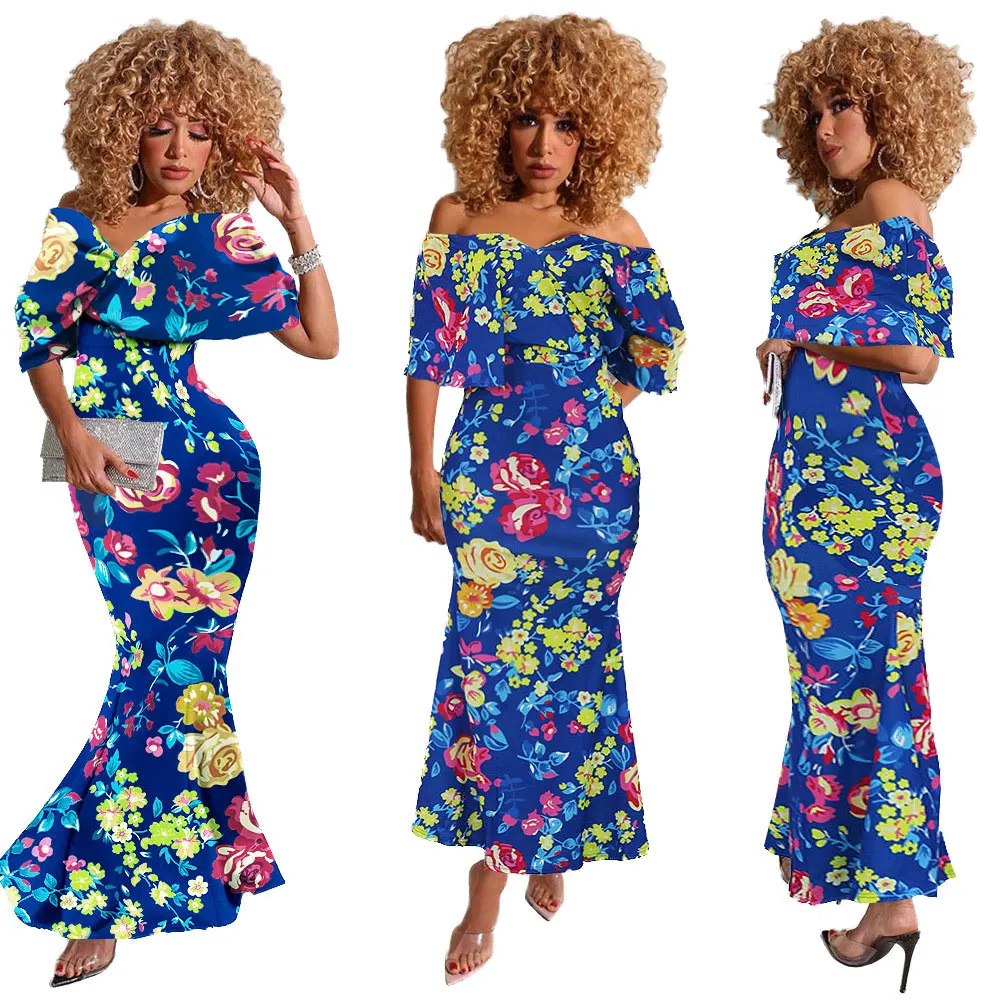 

20211-MX42 sehe fashion floral strapless ruffles collar dress women lady elegant
