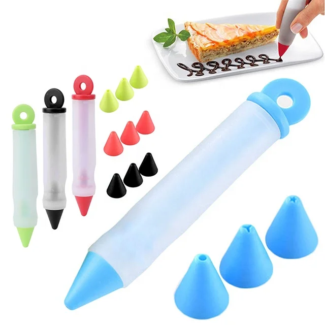 

Food Grade Portable 4Pcs Silicone Chocolate Cake Decorating Pen Icing Pen Set, Blue/black/green/red