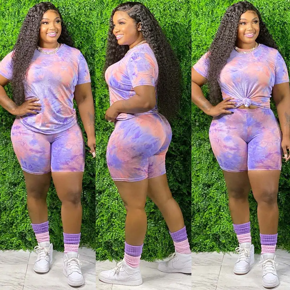 

Plus Size Tie Dye Print 2 Piece Set Women Tracksuit Summer Outfits Tee And Biker Shorts Plus Size Two Piece Set 5xl, Yellow, purple, yellow blue, turquoise,