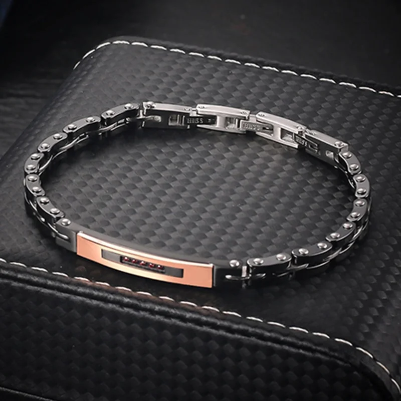 

Fashion Jewelry Hi-tech Black Jewels Rose Gold 21cm Men Stainless Steel Diamond Ceramic Bracelet