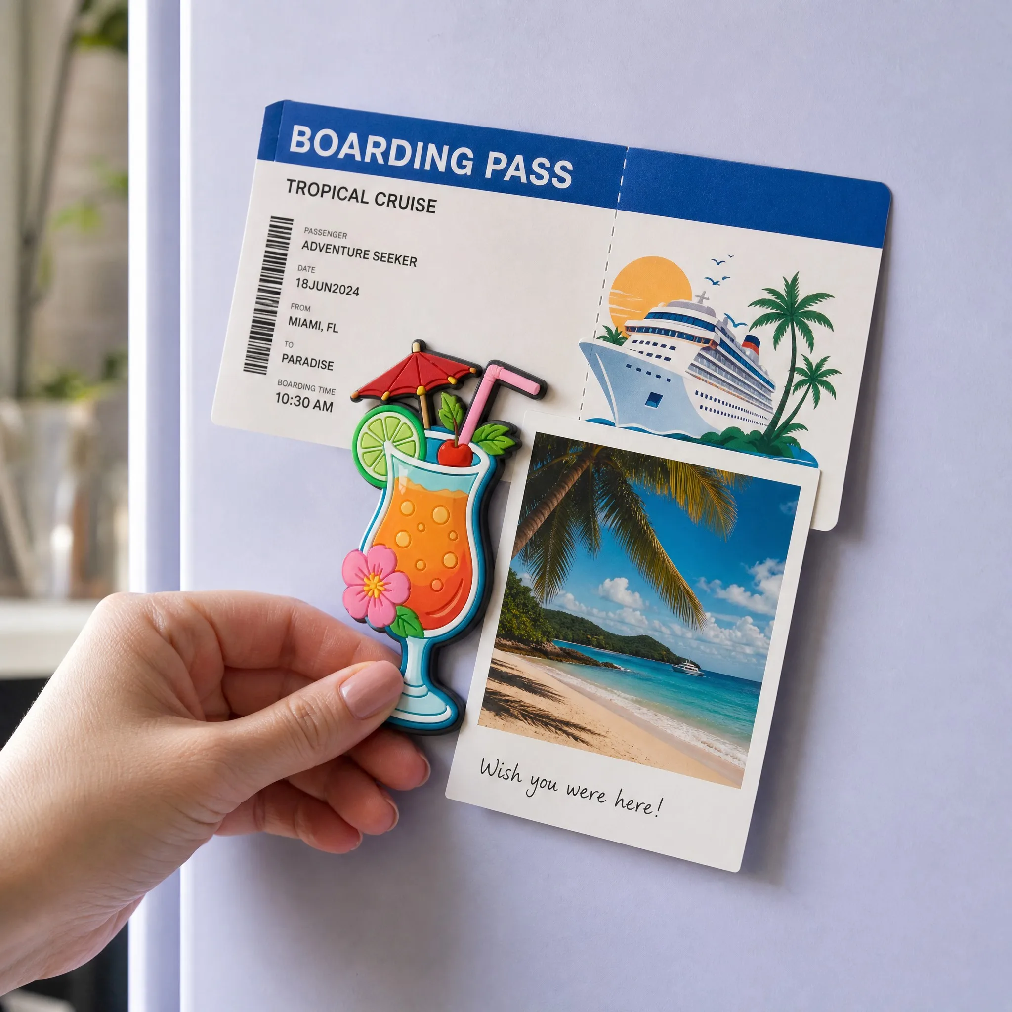 Tropical Cocktail Magnet Holding Tropical Cruise Boarding Pass and Beach Polaroid Photo on Fridge