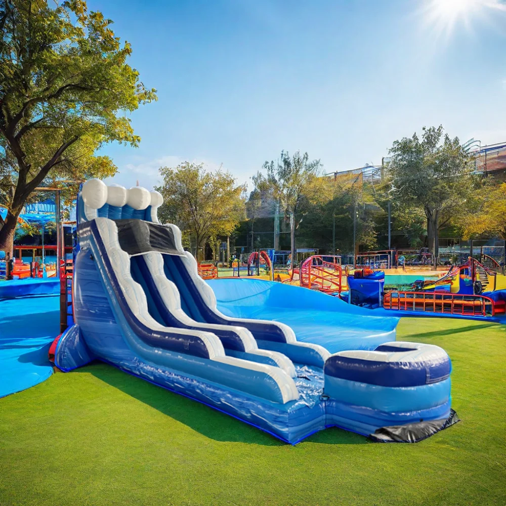 

aqua park equipment professional custom huge wave shape blue inflatable water slide for adventure park